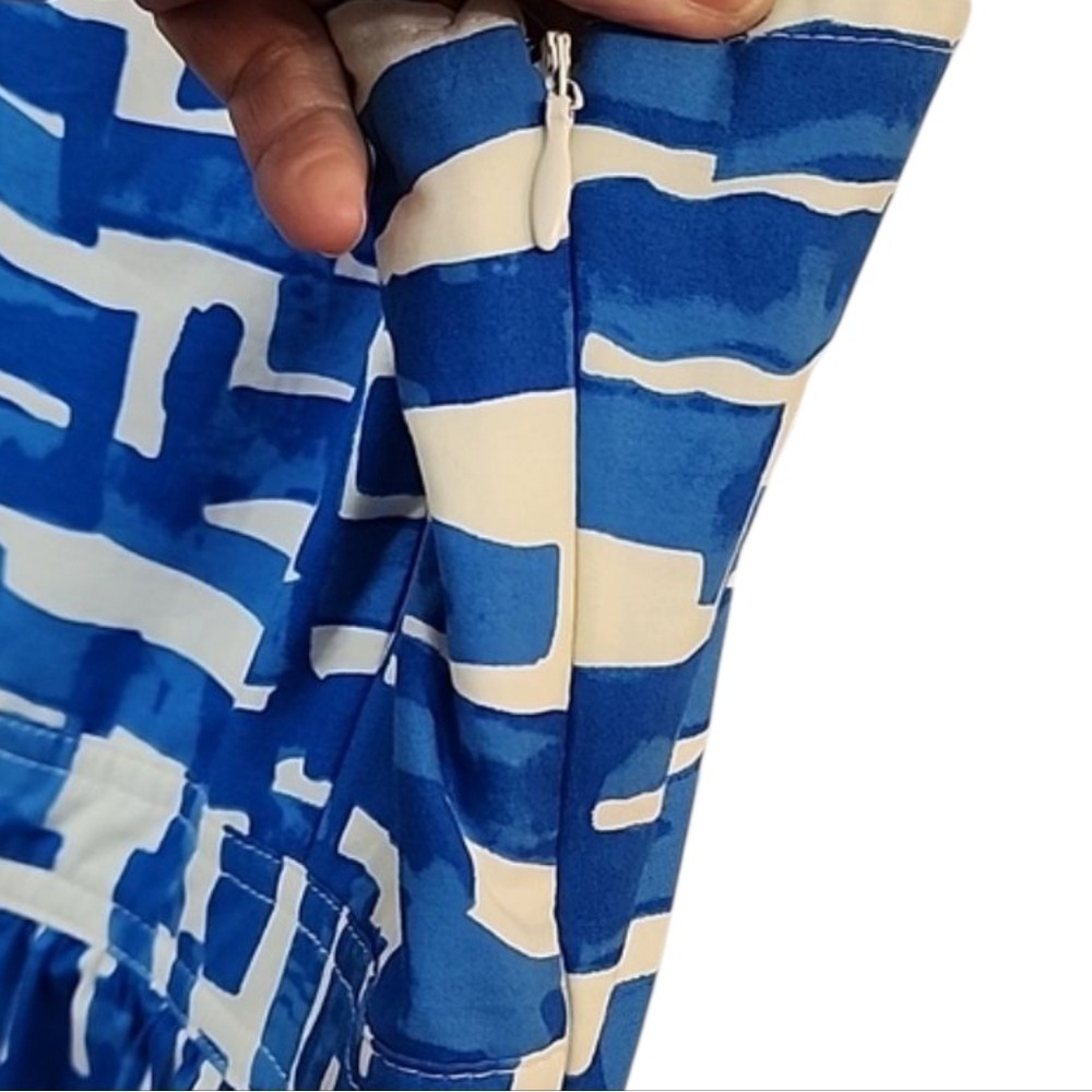 2 for $30 Nine West Midi Dress M Blue Geometric Print Smocked Pockets Vacation - Picture 8 of 11